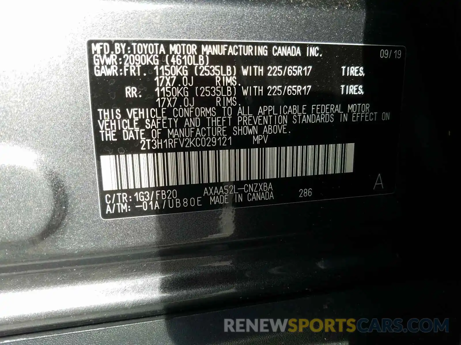 10 Фотография поврежденного автомобиля 2T3H1RFV2KC029121 TOYOTA RAV4 2019