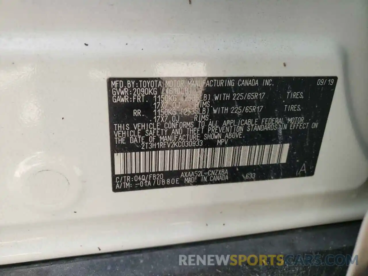 10 Photograph of a damaged car 2T3H1RFV2KC030933 TOYOTA RAV4 2019