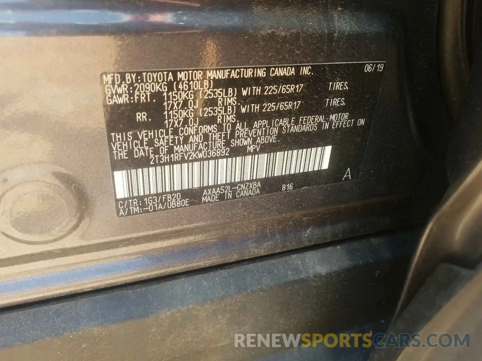 10 Photograph of a damaged car 2T3H1RFV2KW036892 TOYOTA RAV4 2019