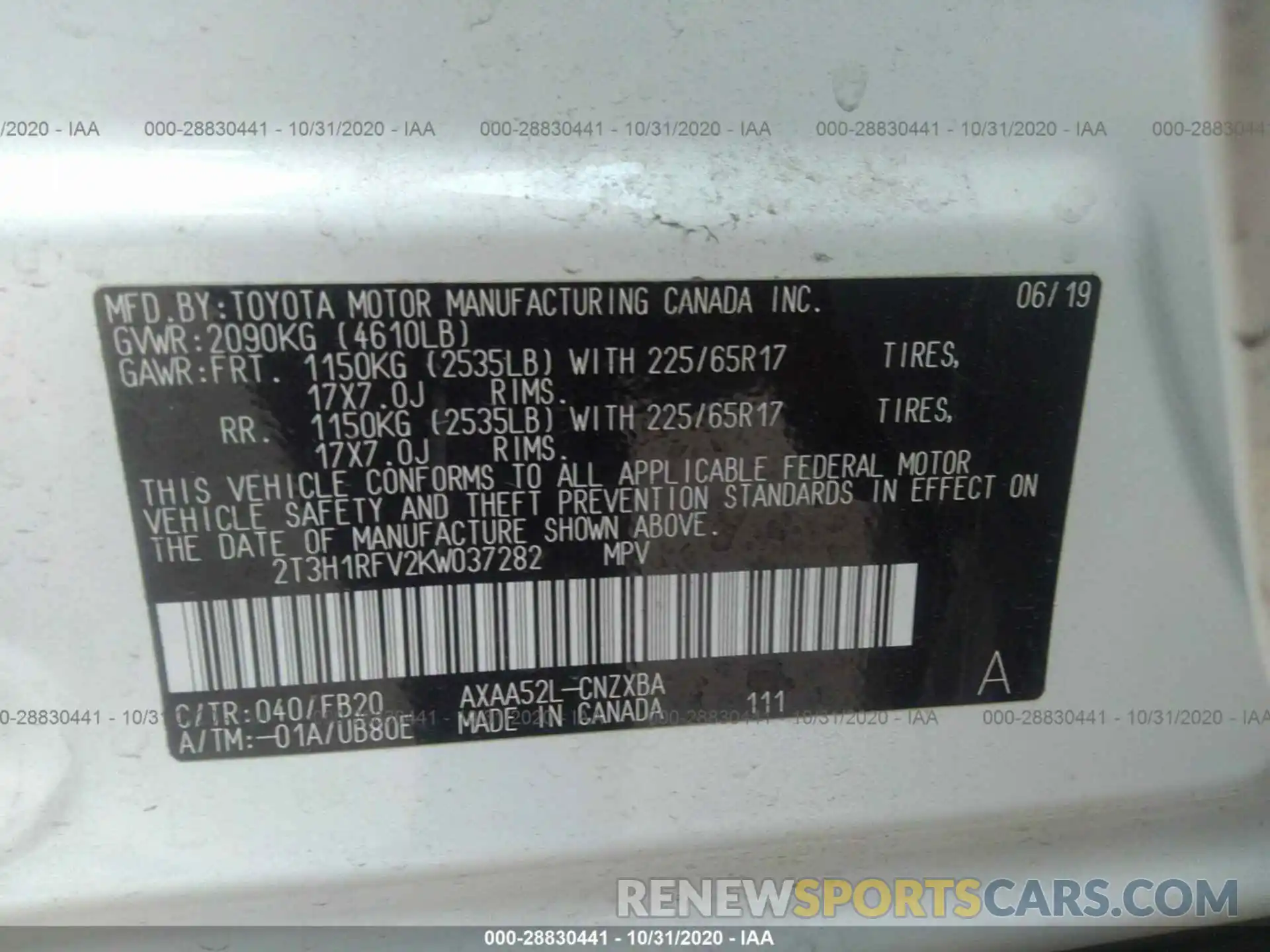 9 Фотография поврежденного автомобиля 2T3H1RFV2KW037282 TOYOTA RAV4 2019