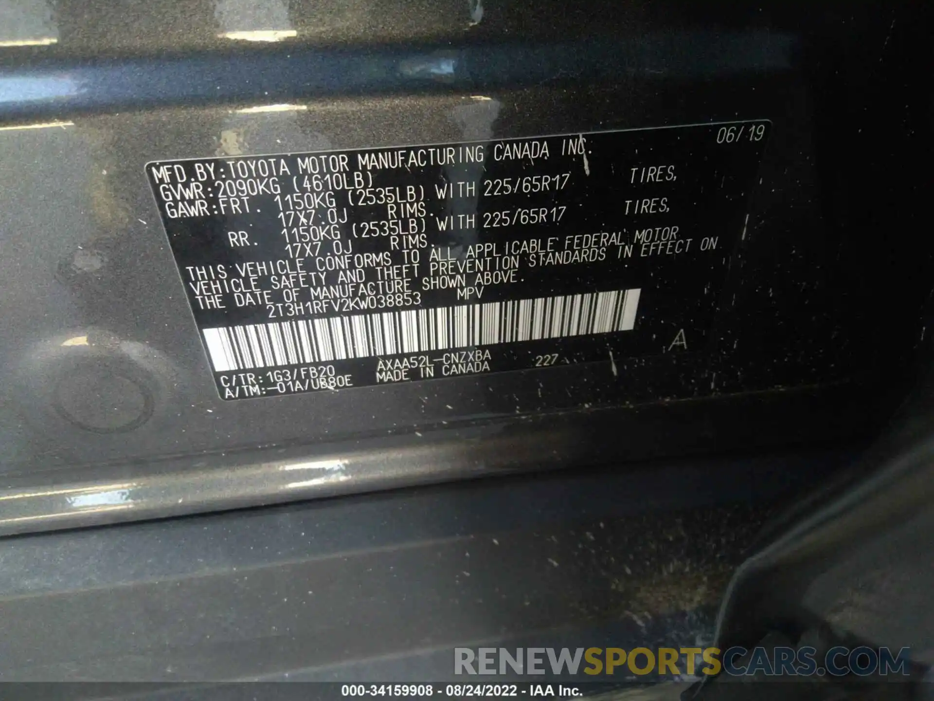 9 Photograph of a damaged car 2T3H1RFV2KW038853 TOYOTA RAV4 2019