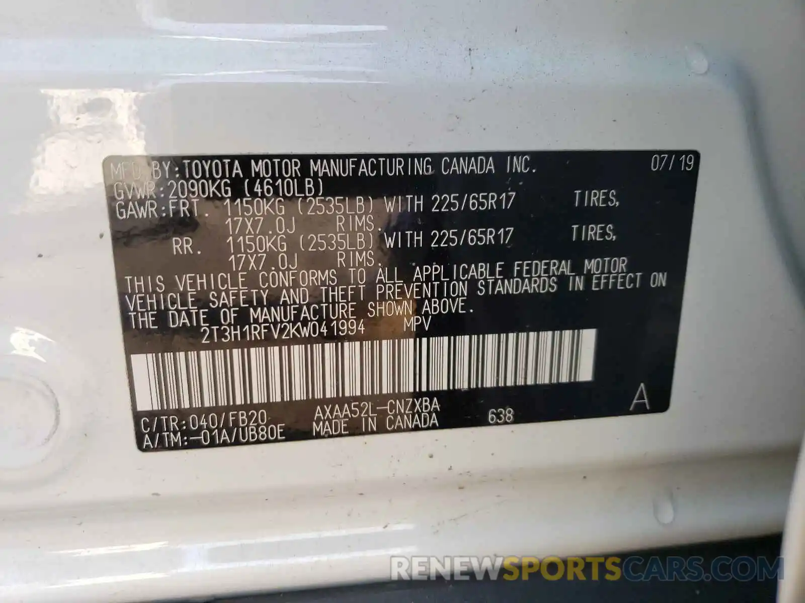 10 Photograph of a damaged car 2T3H1RFV2KW041994 TOYOTA RAV4 2019