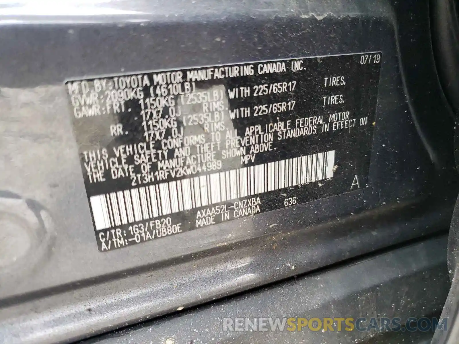 10 Photograph of a damaged car 2T3H1RFV2KW044989 TOYOTA RAV4 2019