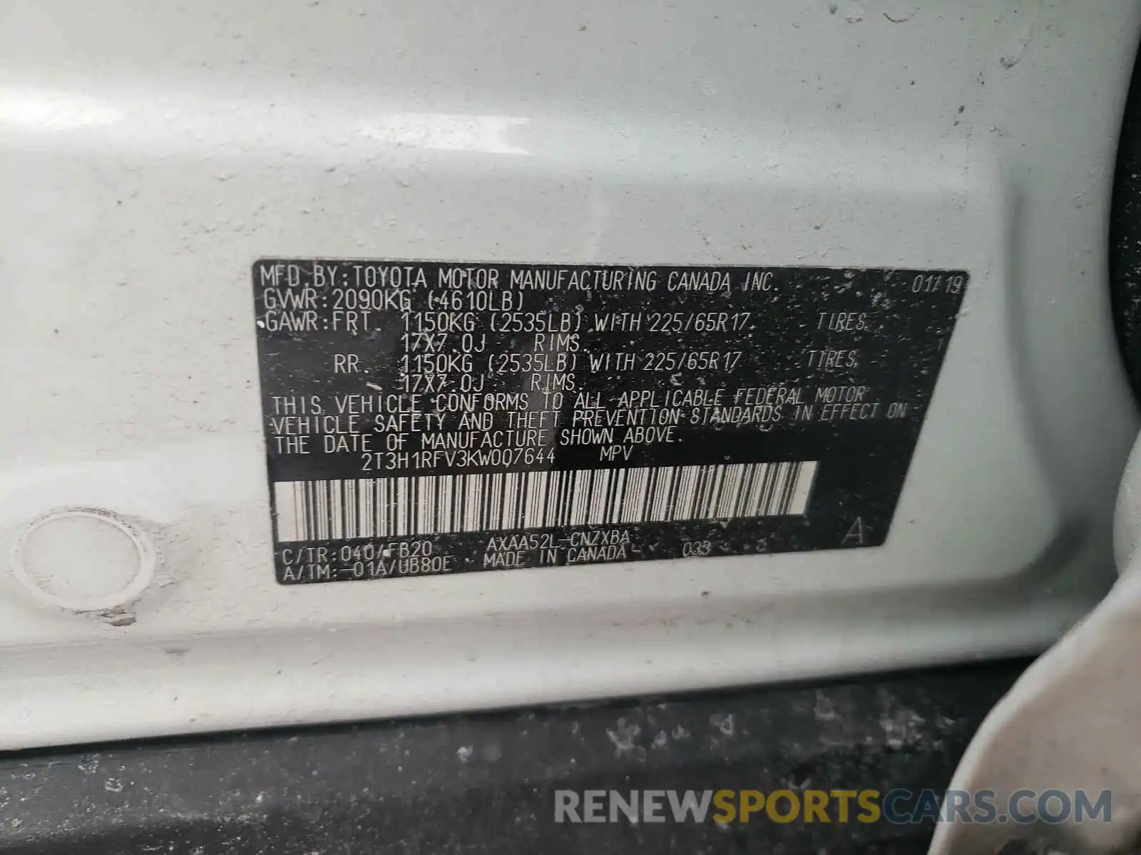 10 Photograph of a damaged car 2T3H1RFV3KW007644 TOYOTA RAV4 2019