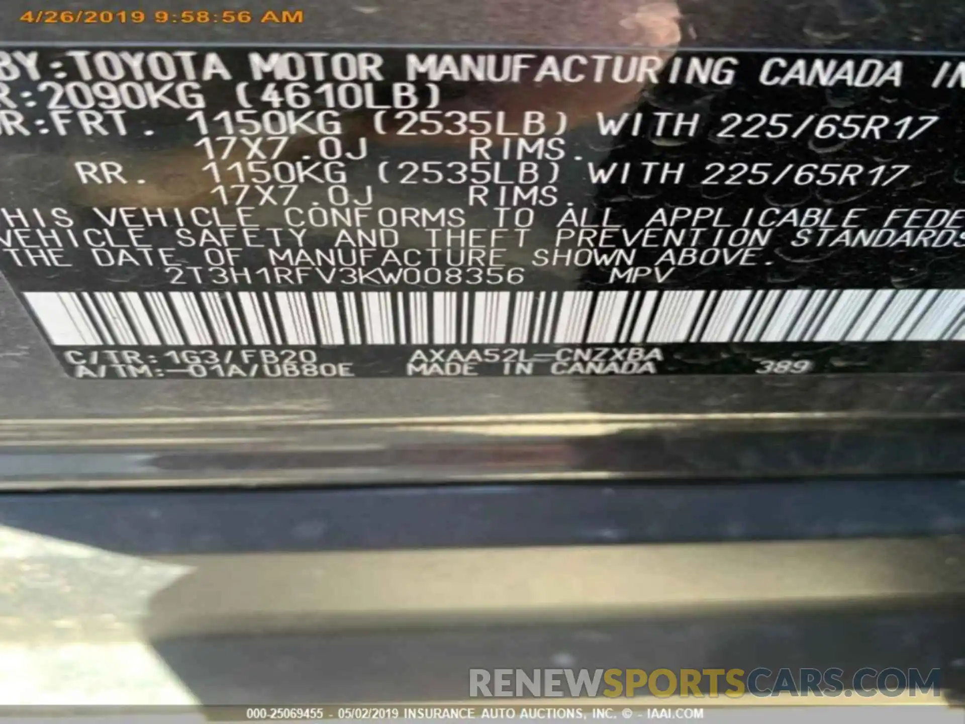 13 Фотография поврежденного автомобиля 2T3H1RFV3KW008356 TOYOTA RAV4 2019