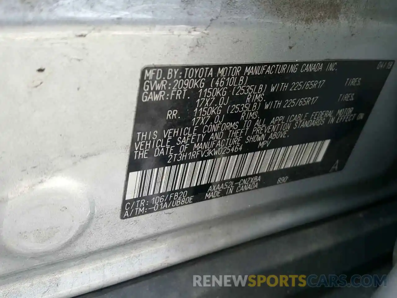 10 Photograph of a damaged car 2T3H1RFV3KW025464 TOYOTA RAV4 2019