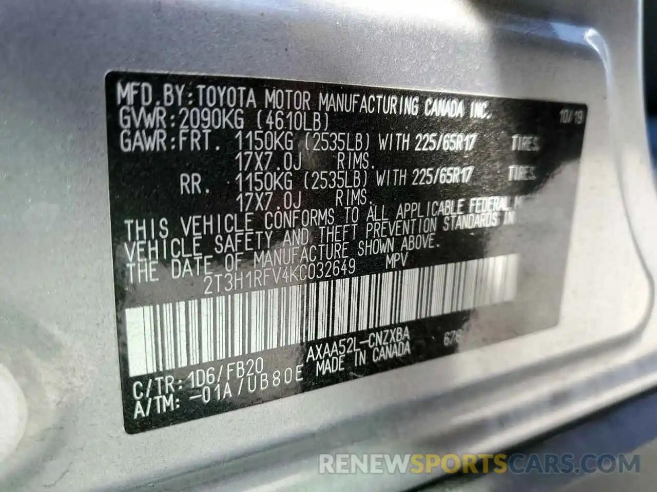 10 Фотография поврежденного автомобиля 2T3H1RFV4KC032649 TOYOTA RAV4 2019