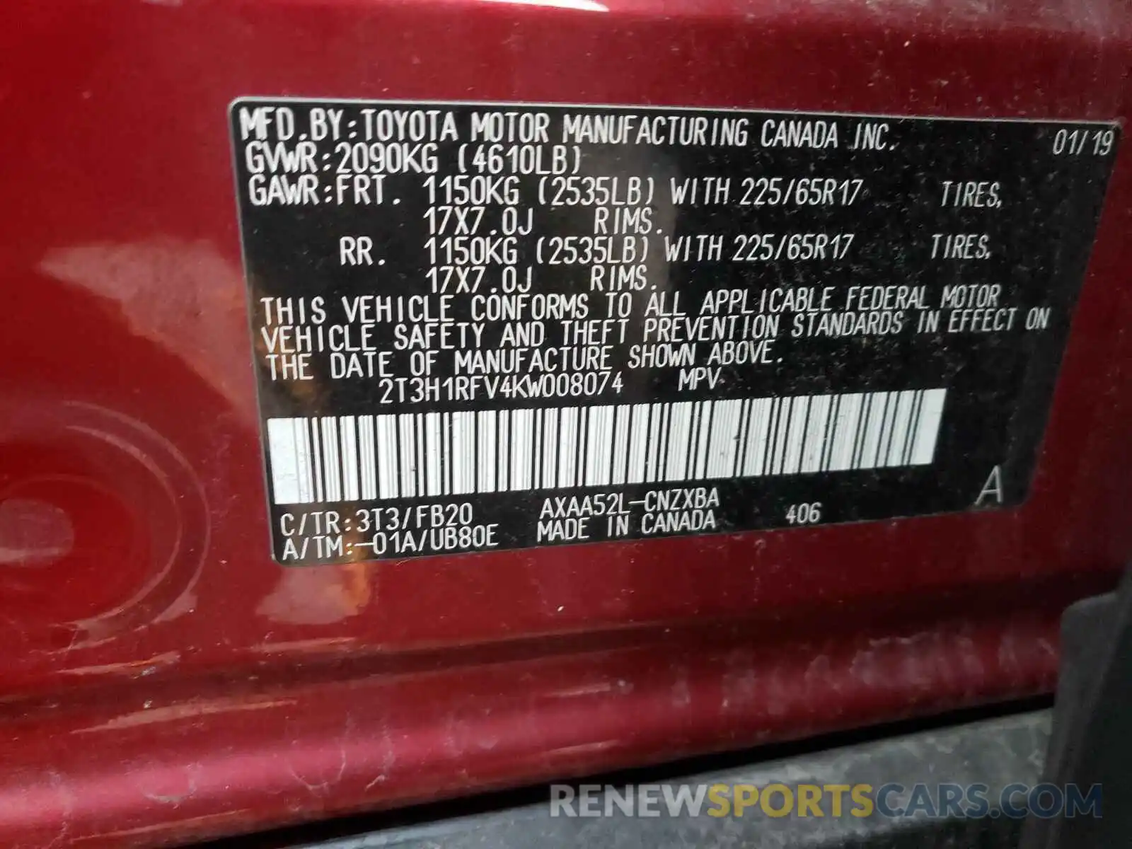 10 Photograph of a damaged car 2T3H1RFV4KW008074 TOYOTA RAV4 2019