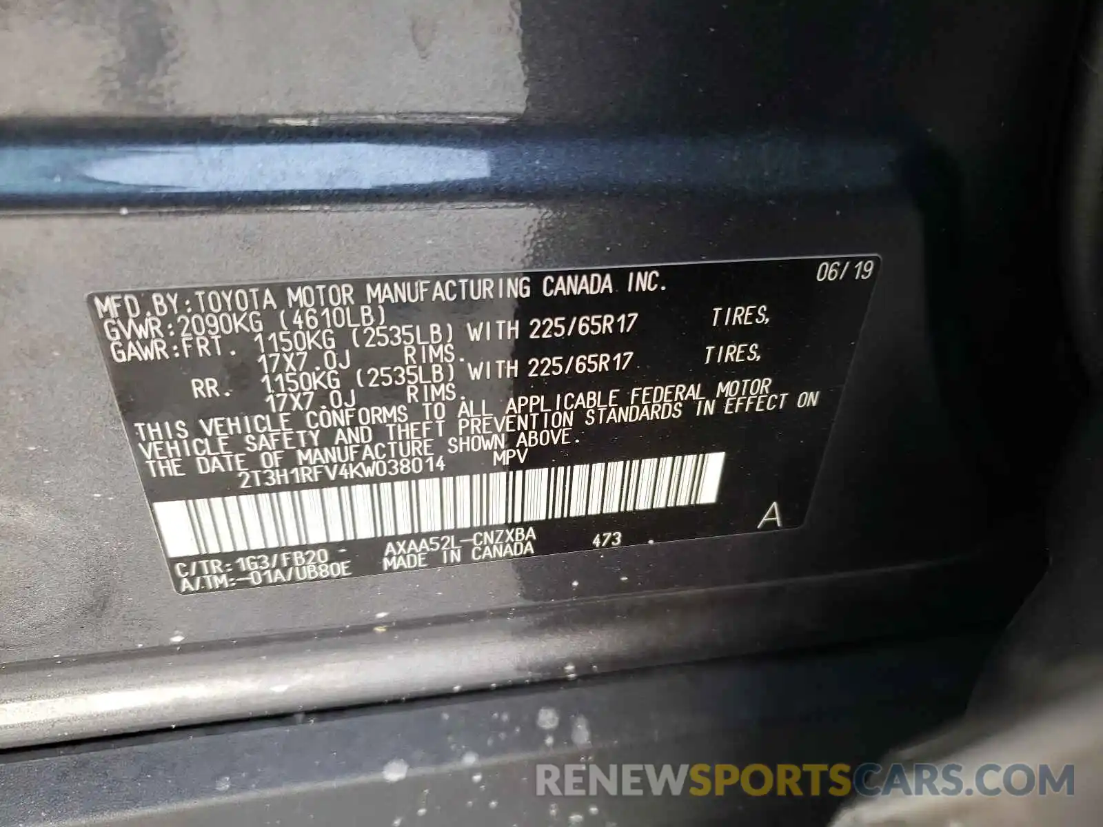 10 Photograph of a damaged car 2T3H1RFV4KW038014 TOYOTA RAV4 2019