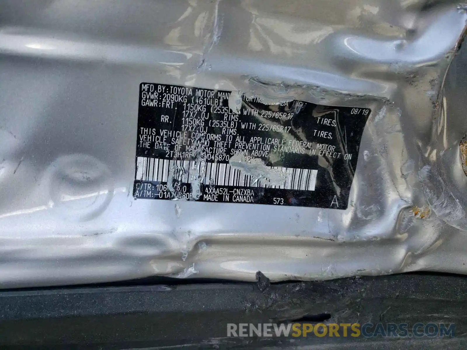 10 Photograph of a damaged car 2T3H1RFV4KW045870 TOYOTA RAV4 2019