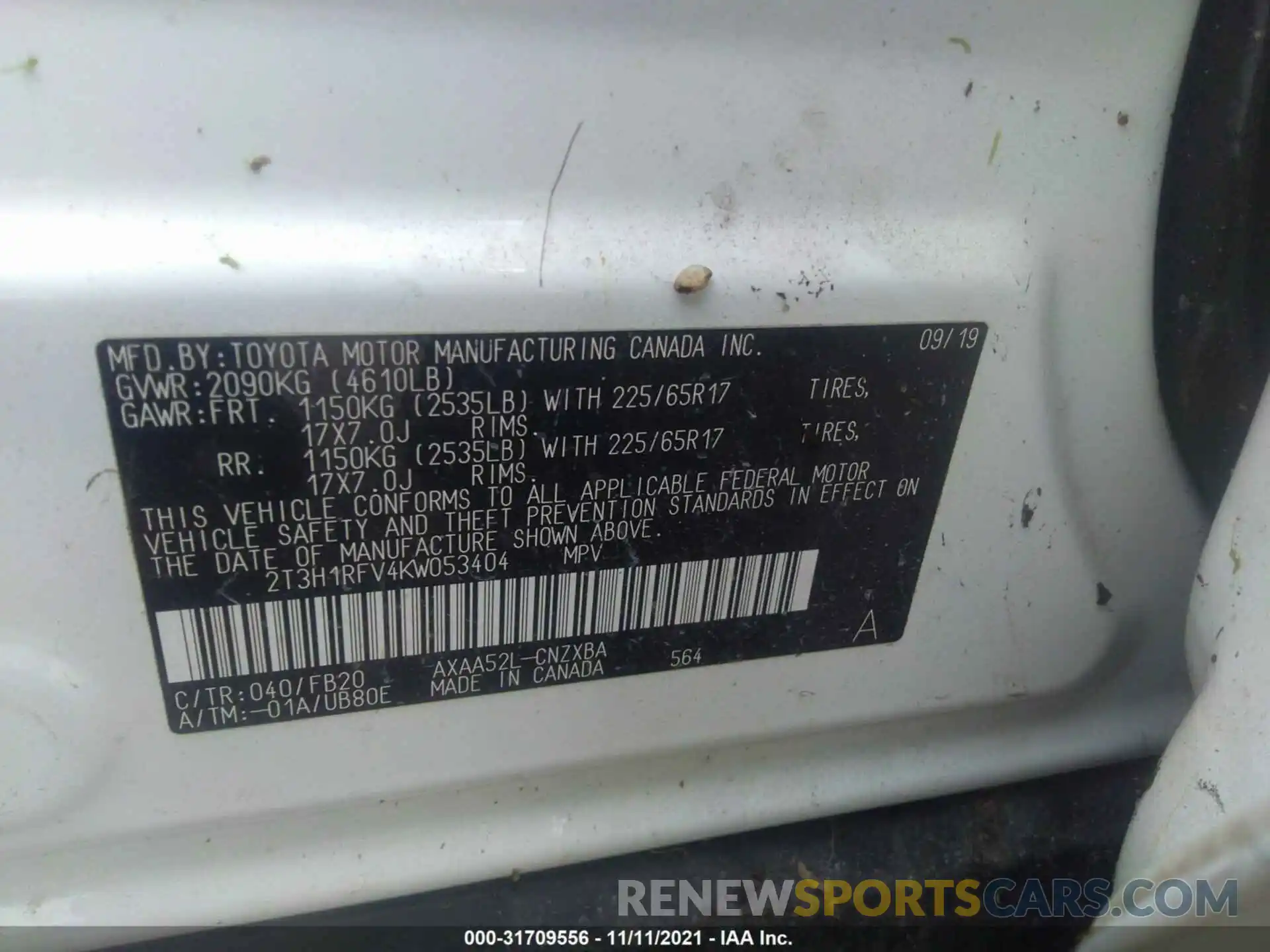 9 Photograph of a damaged car 2T3H1RFV4KW053404 TOYOTA RAV4 2019