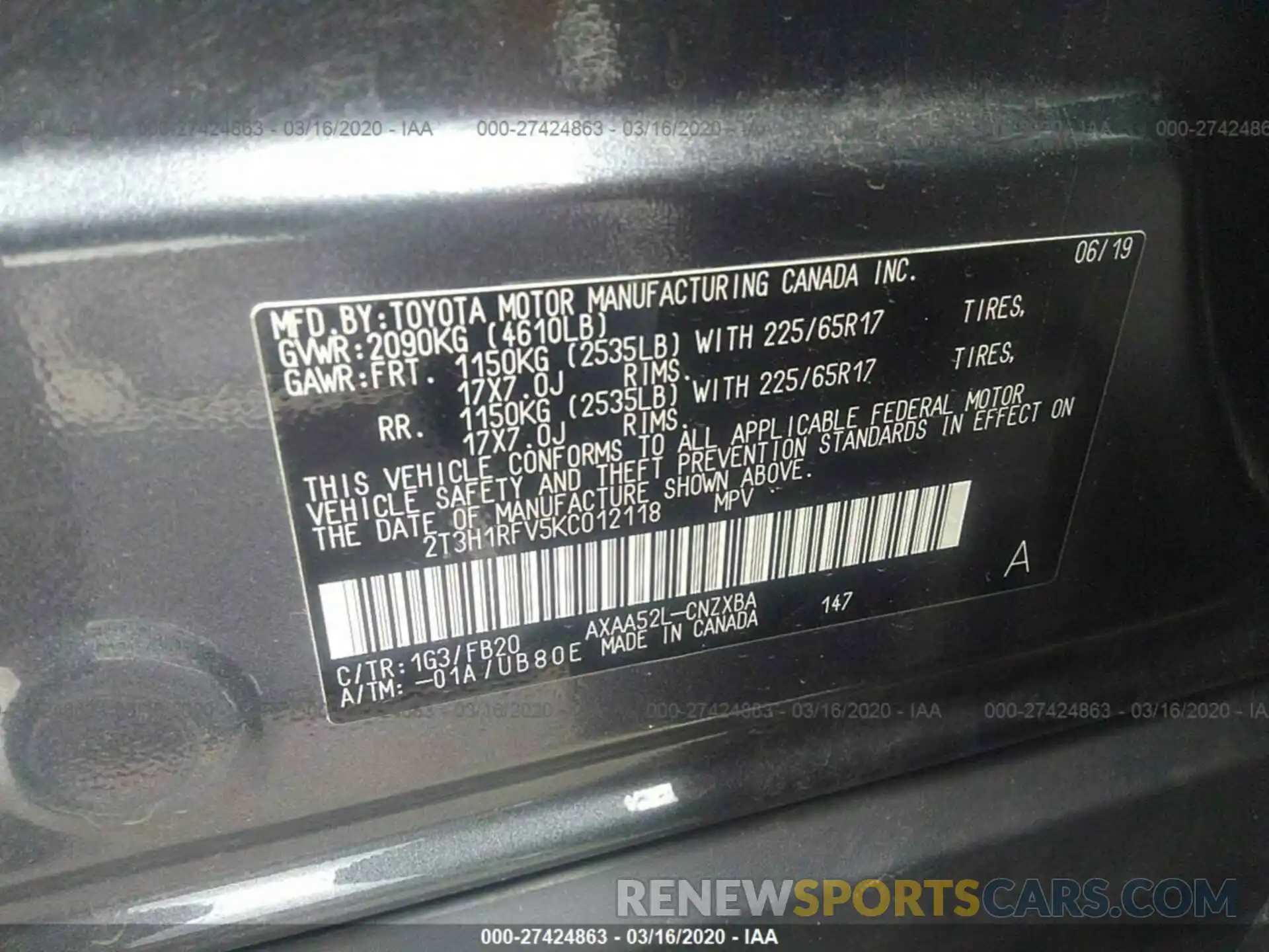 9 Фотография поврежденного автомобиля 2T3H1RFV5KC012118 TOYOTA RAV4 2019