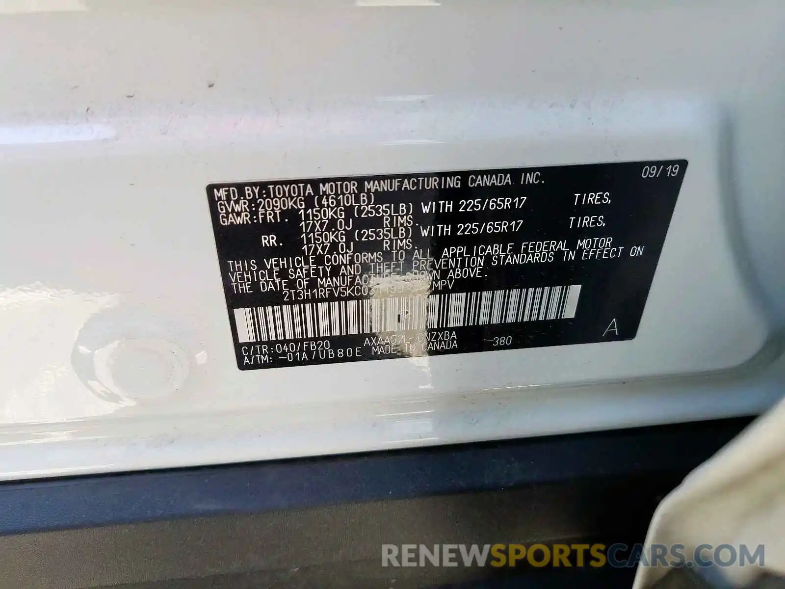 10 Photograph of a damaged car 2T3H1RFV5KC031199 TOYOTA RAV4 2019