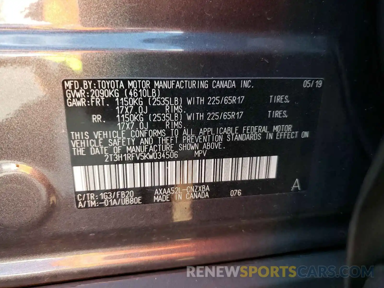 10 Photograph of a damaged car 2T3H1RFV5KW034506 TOYOTA RAV4 2019