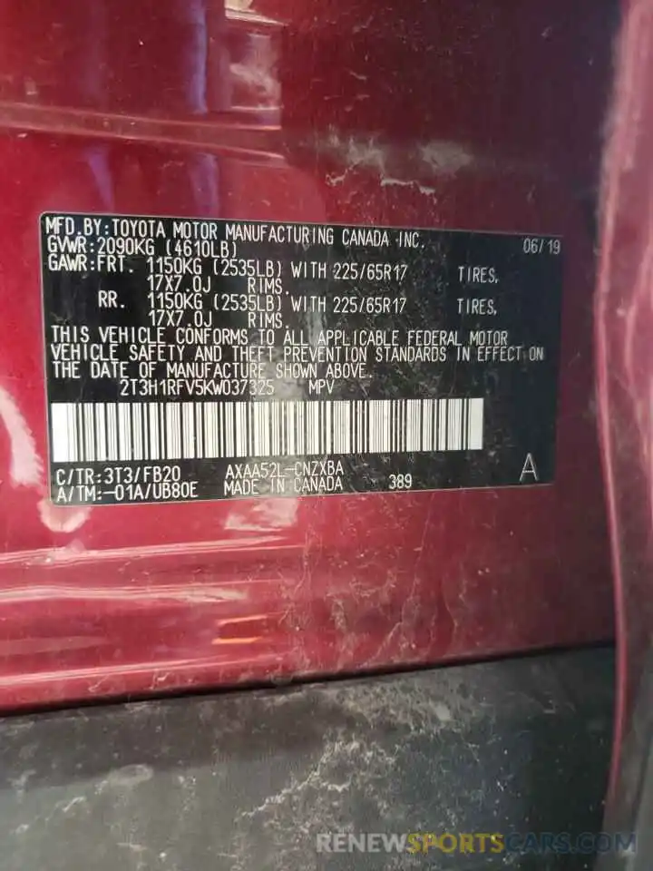 10 Photograph of a damaged car 2T3H1RFV5KW037325 TOYOTA RAV4 2019