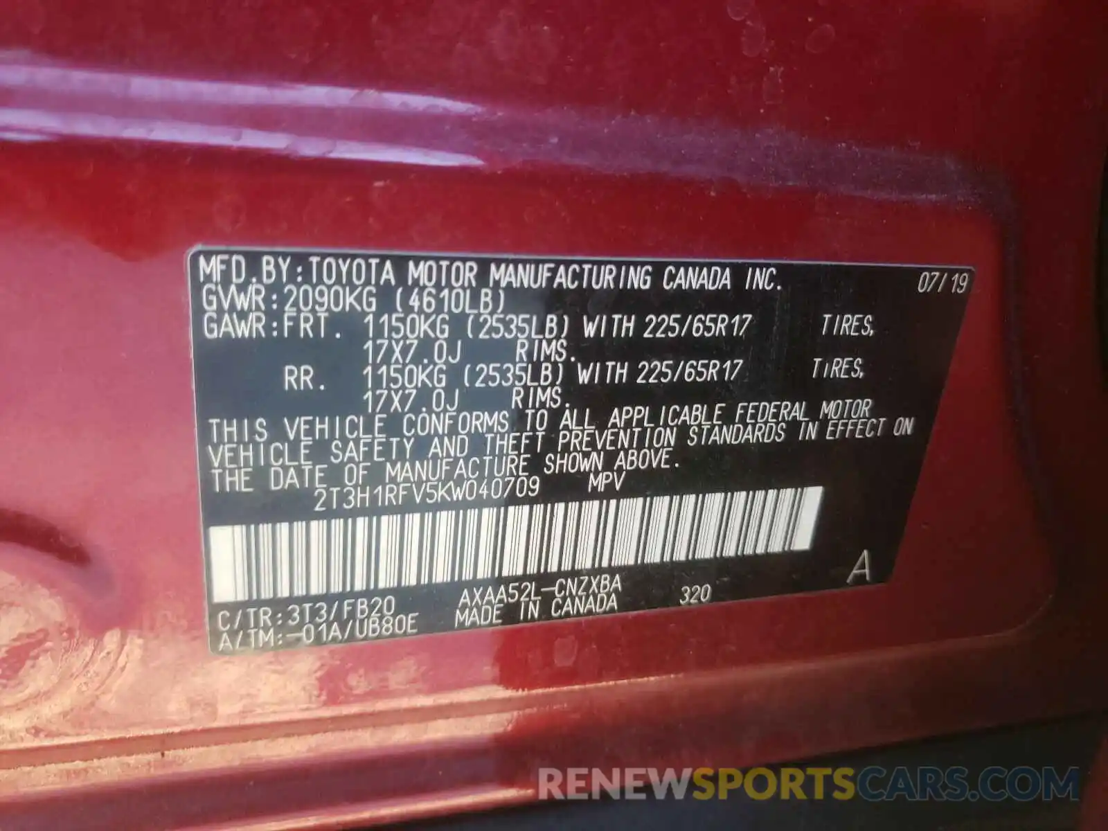 10 Photograph of a damaged car 2T3H1RFV5KW040709 TOYOTA RAV4 2019