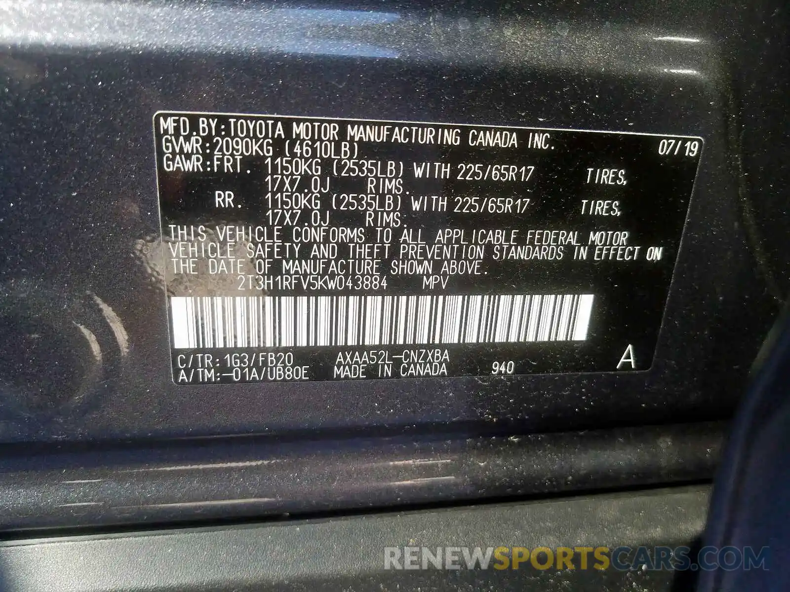 10 Фотография поврежденного автомобиля 2T3H1RFV5KW043884 TOYOTA RAV4 2019