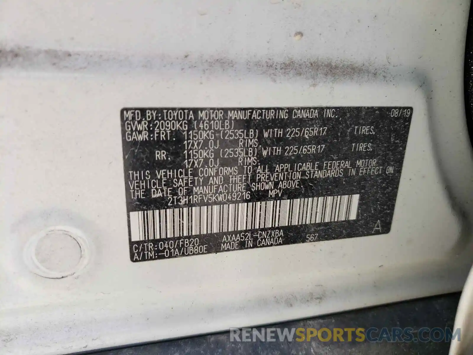 10 Photograph of a damaged car 2T3H1RFV5KW049216 TOYOTA RAV4 2019