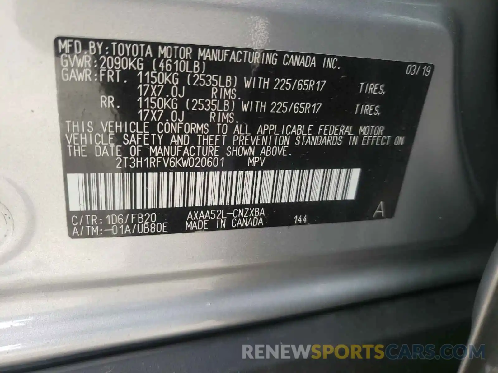 10 Photograph of a damaged car 2T3H1RFV6KW020601 TOYOTA RAV4 2019