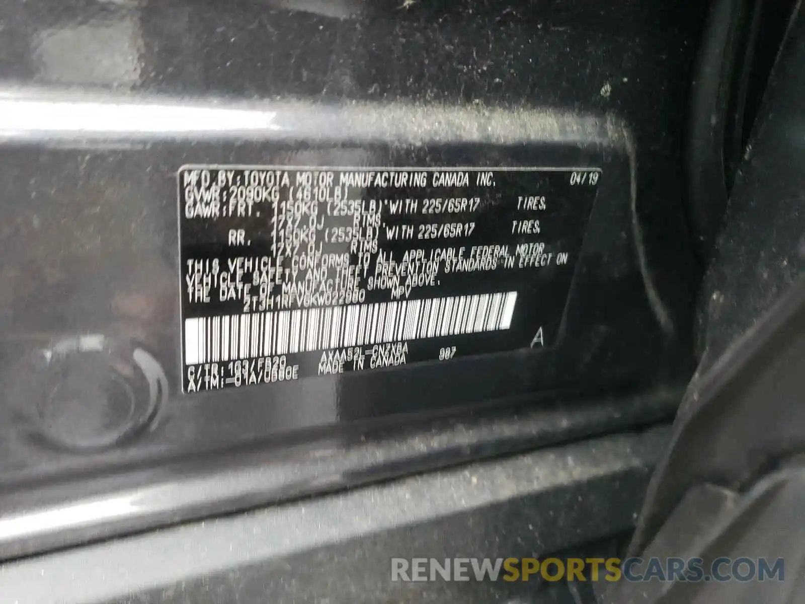 10 Photograph of a damaged car 2T3H1RFV6KW022980 TOYOTA RAV4 2019