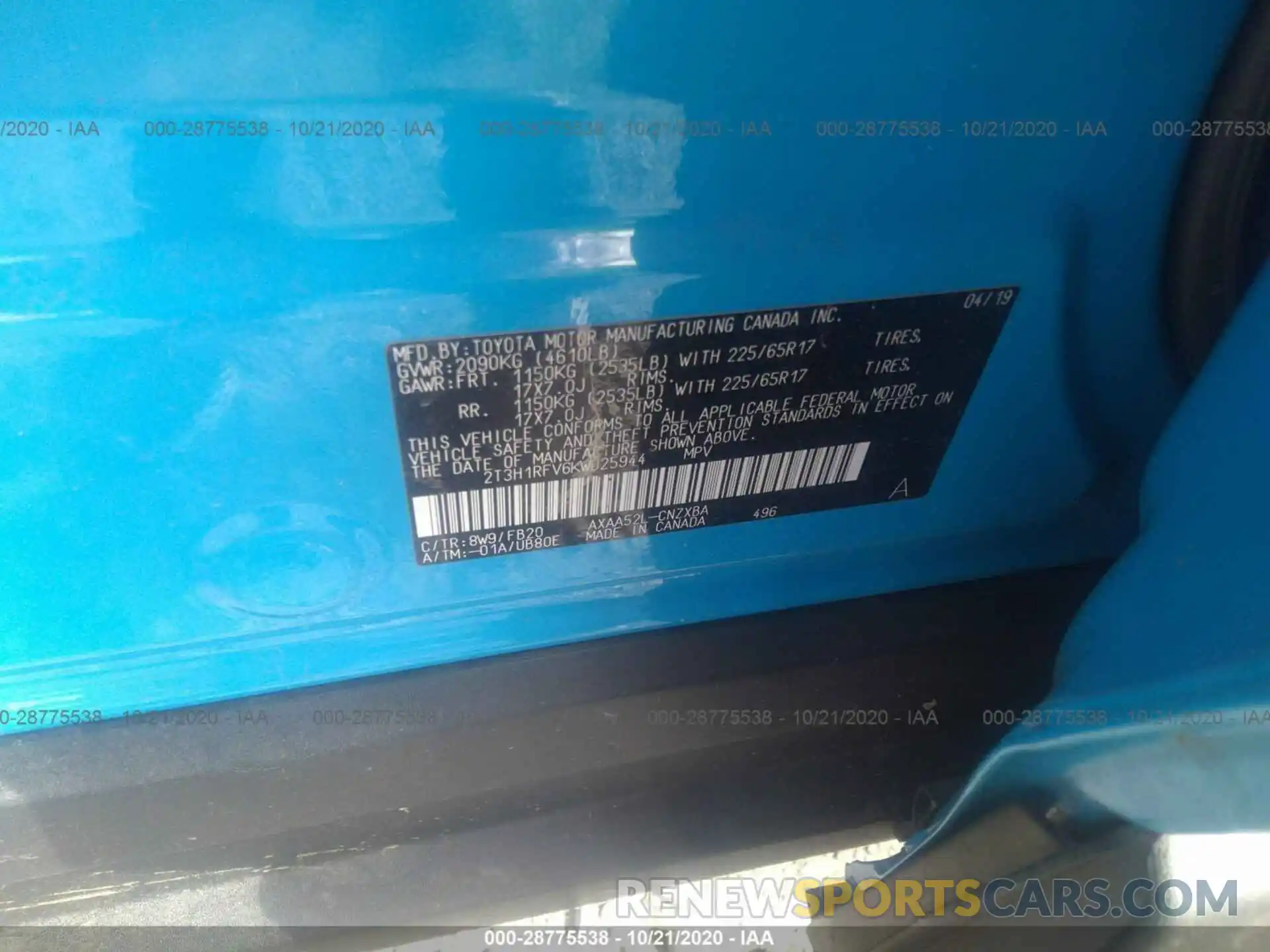 9 Photograph of a damaged car 2T3H1RFV6KW025944 TOYOTA RAV4 2019