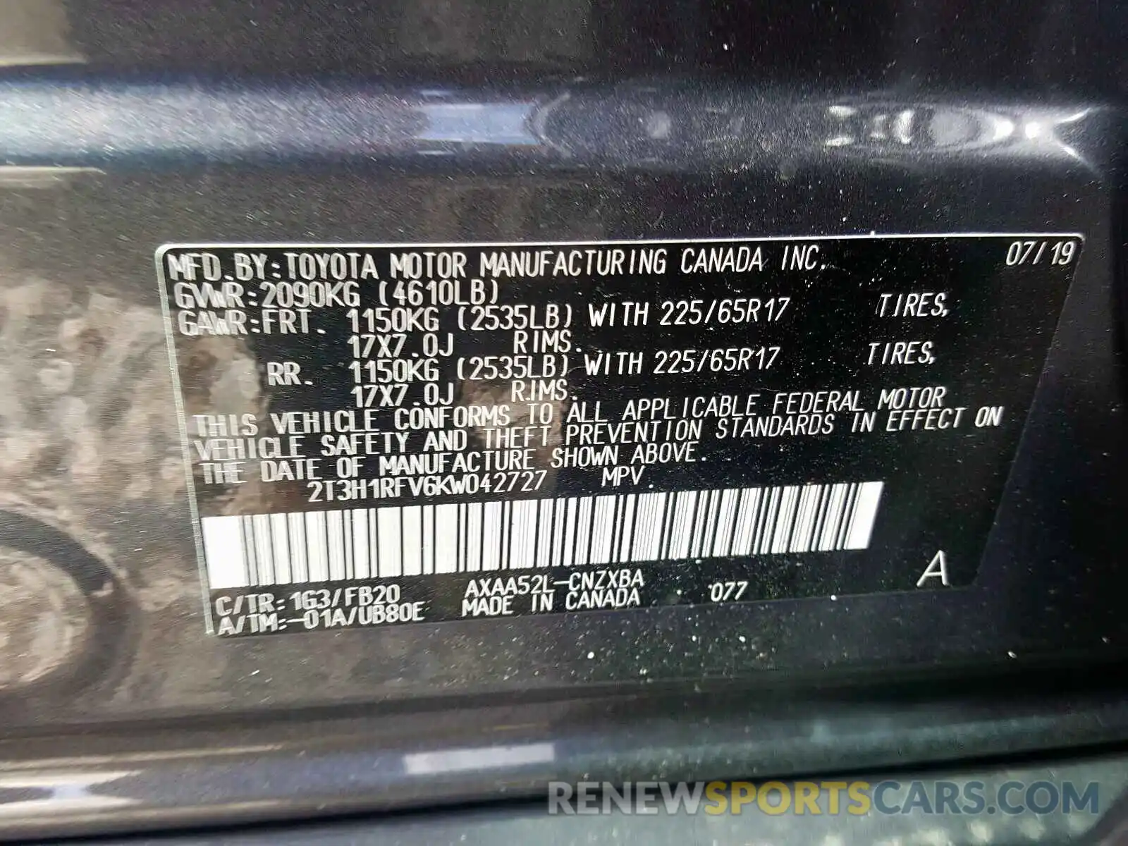 10 Photograph of a damaged car 2T3H1RFV6KW042727 TOYOTA RAV4 2019