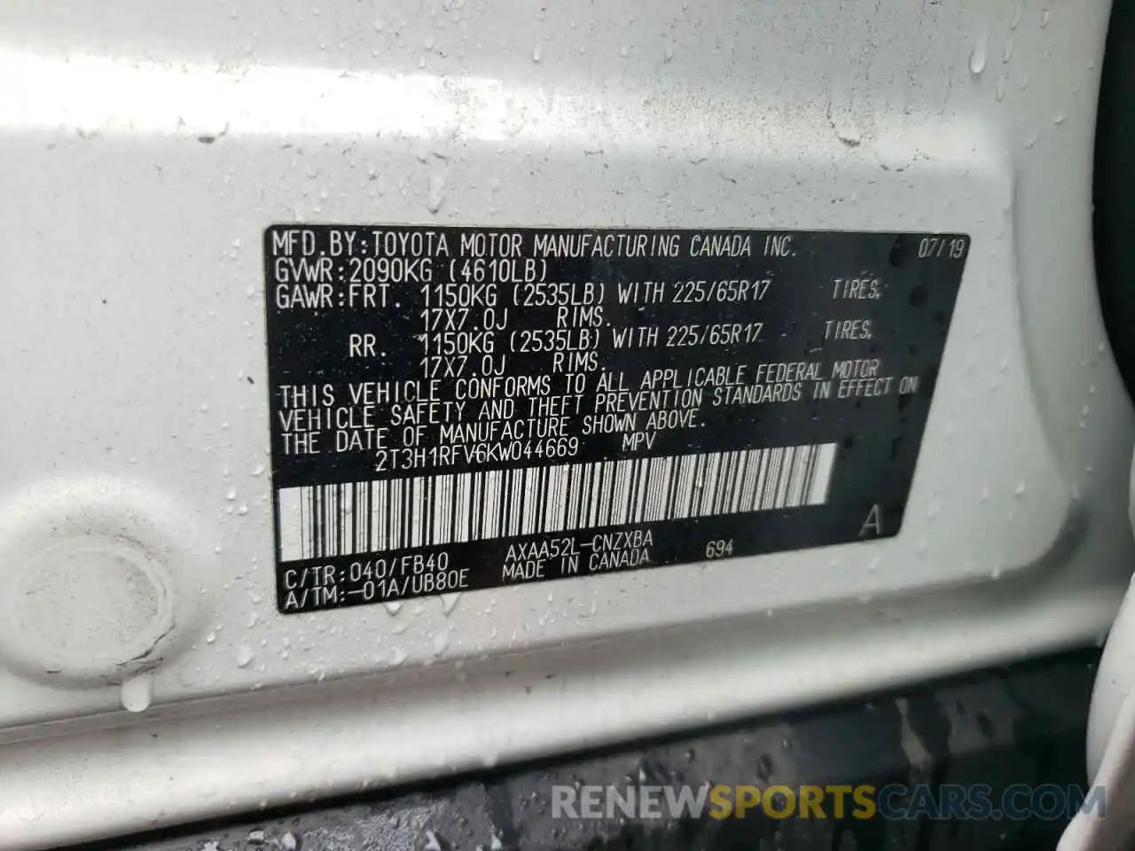 10 Photograph of a damaged car 2T3H1RFV6KW044669 TOYOTA RAV4 2019