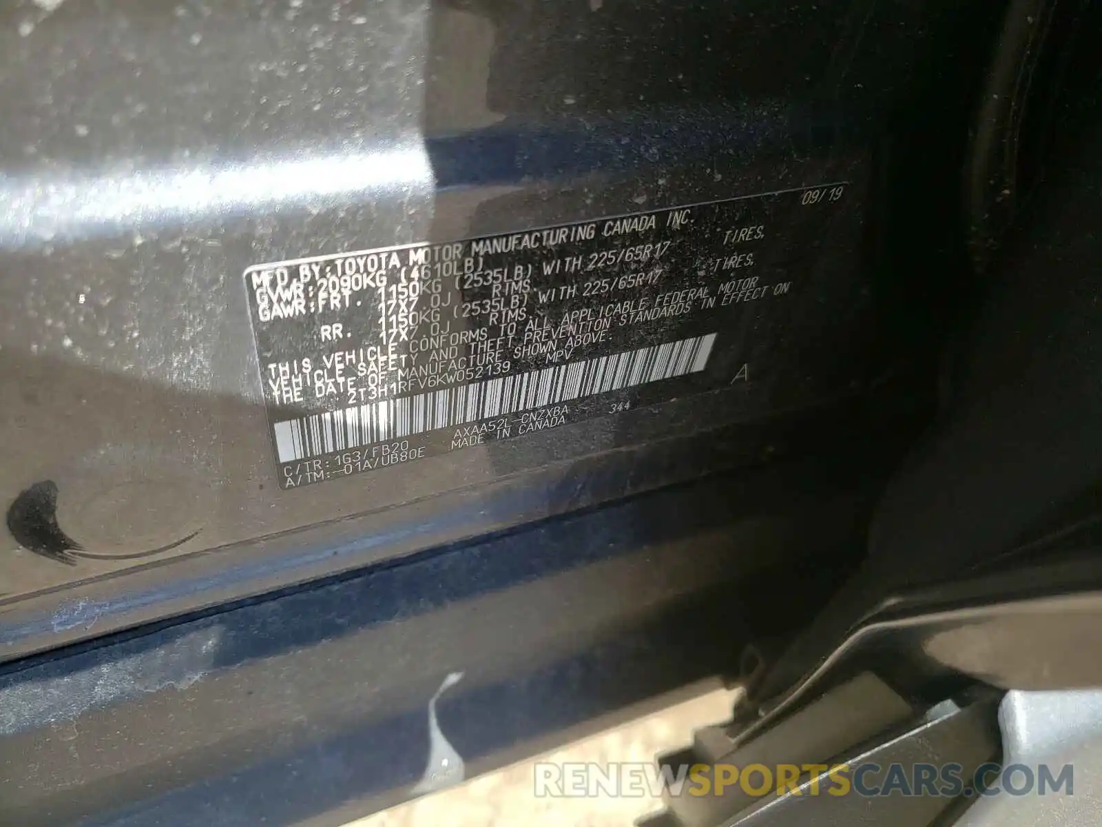 10 Photograph of a damaged car 2T3H1RFV6KW052139 TOYOTA RAV4 2019