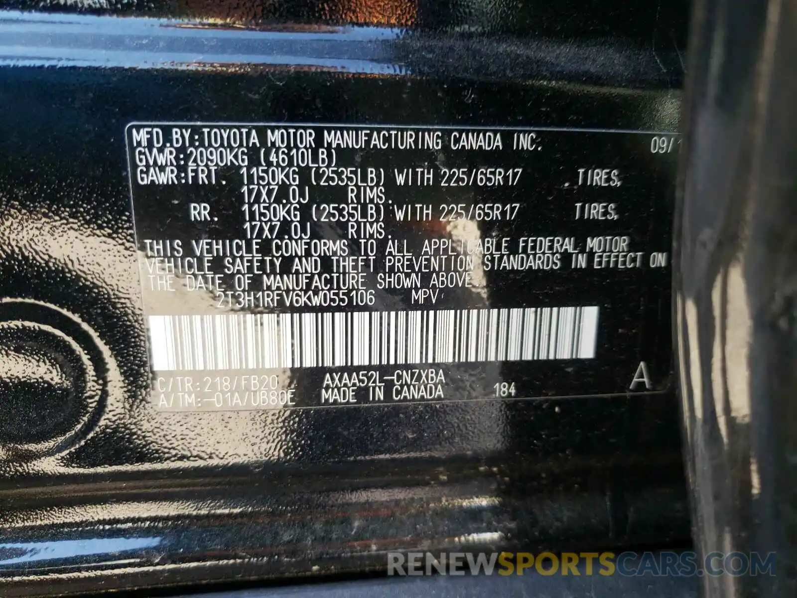 10 Фотография поврежденного автомобиля 2T3H1RFV6KW055106 TOYOTA RAV4 2019