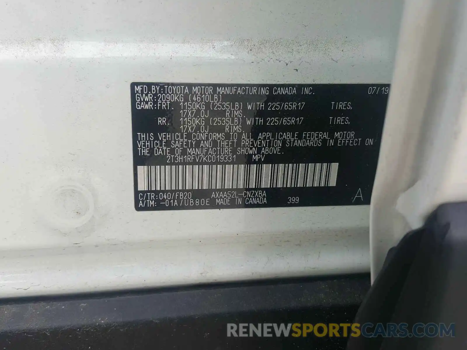 10 Фотография поврежденного автомобиля 2T3H1RFV7KC019331 TOYOTA RAV4 2019