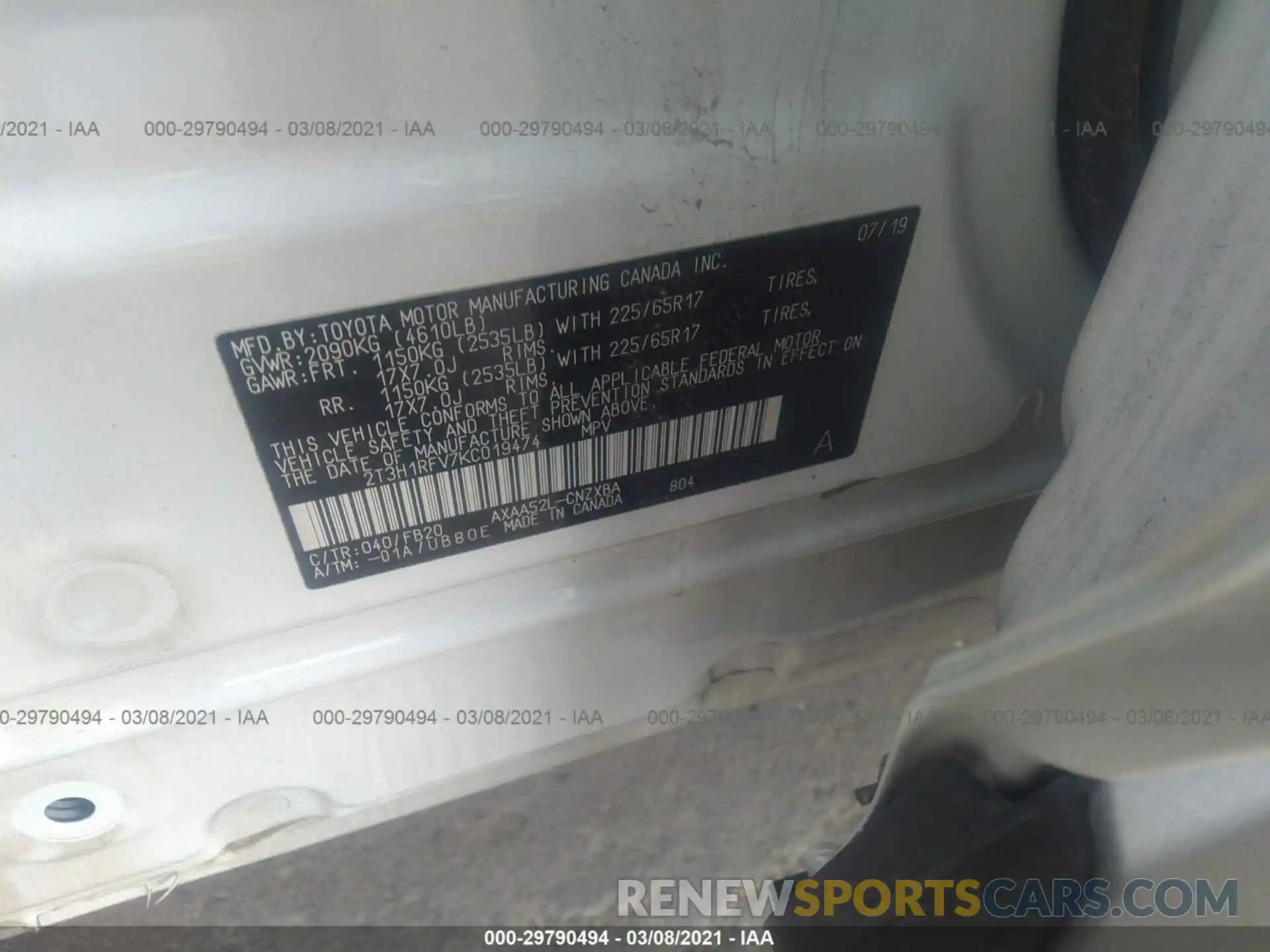 9 Photograph of a damaged car 2T3H1RFV7KC019474 TOYOTA RAV4 2019