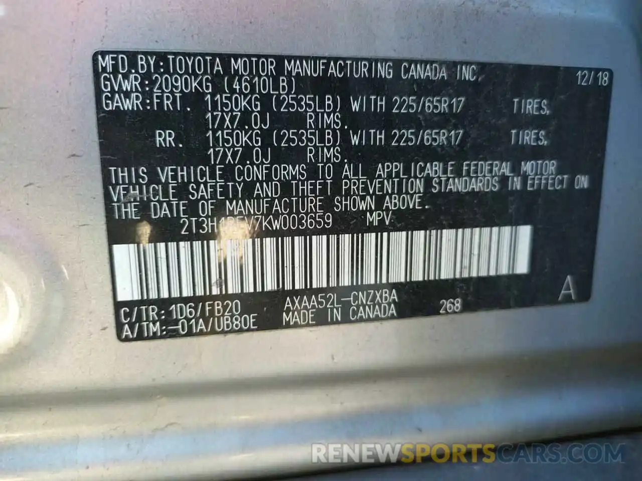 10 Photograph of a damaged car 2T3H1RFV7KW003659 TOYOTA RAV4 2019