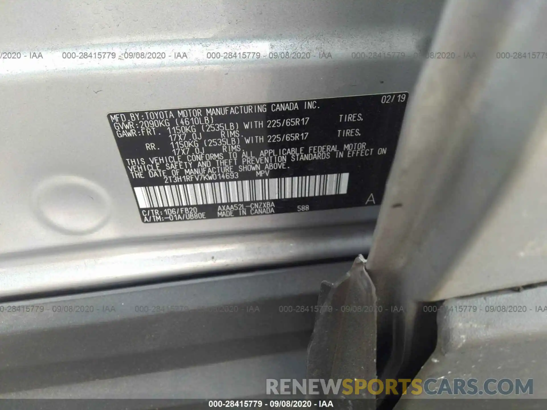 9 Фотография поврежденного автомобиля 2T3H1RFV7KW014693 TOYOTA RAV4 2019