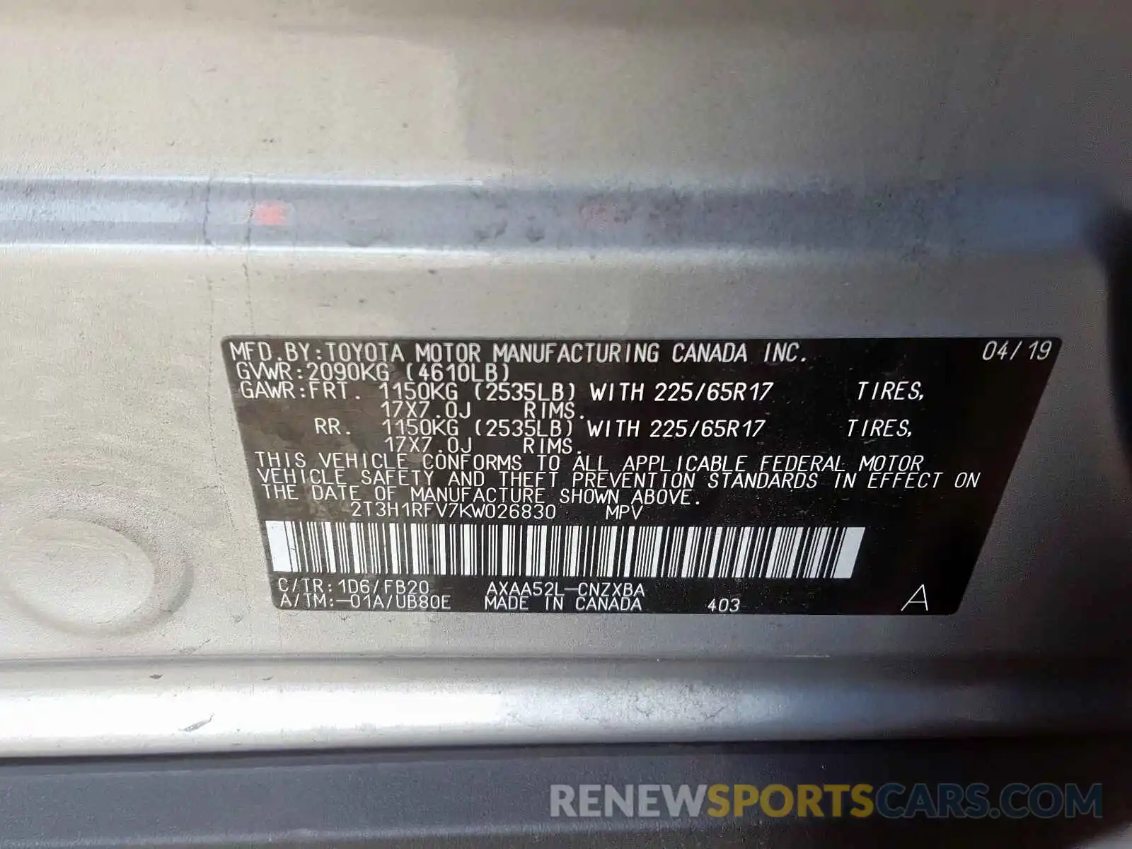 10 Photograph of a damaged car 2T3H1RFV7KW026830 TOYOTA RAV4 2019