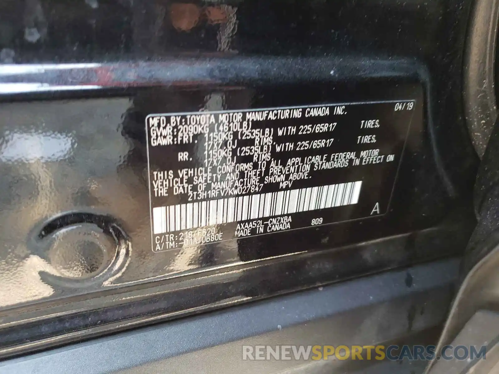 10 Photograph of a damaged car 2T3H1RFV7KW027847 TOYOTA RAV4 2019