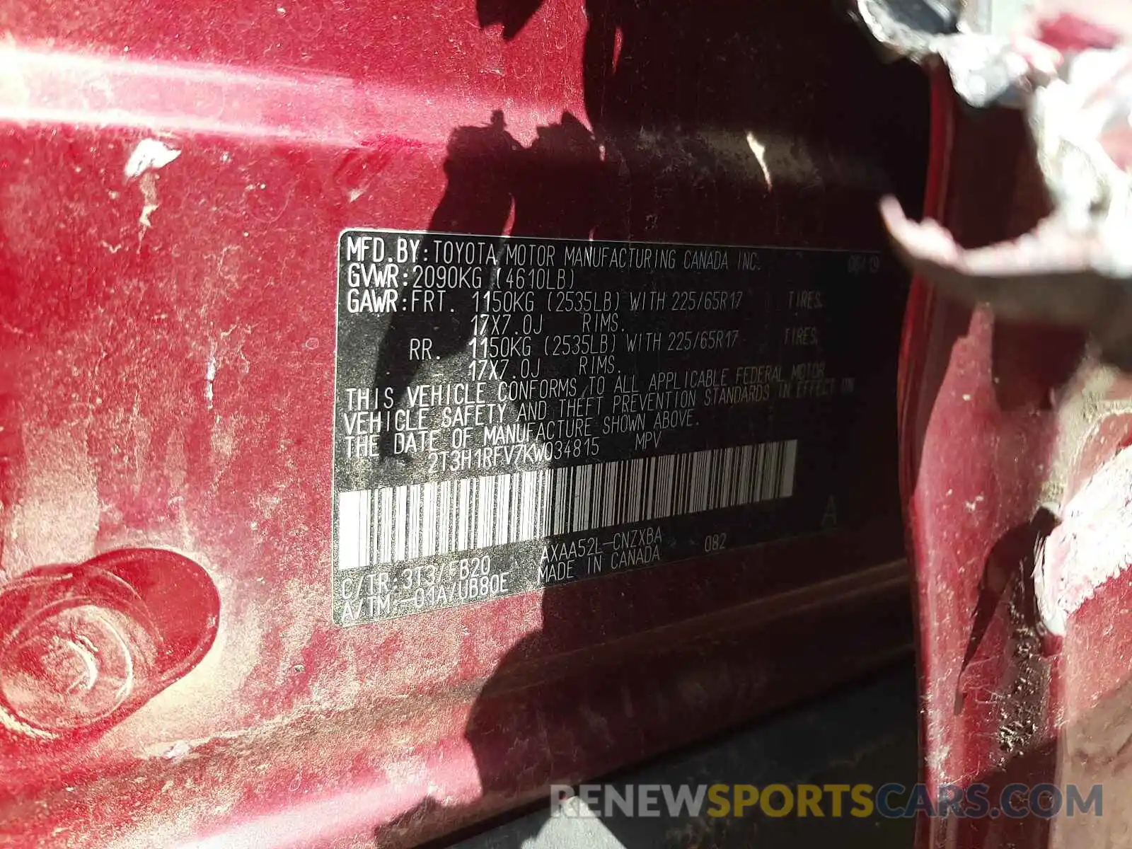 10 Photograph of a damaged car 2T3H1RFV7KW034815 TOYOTA RAV4 2019