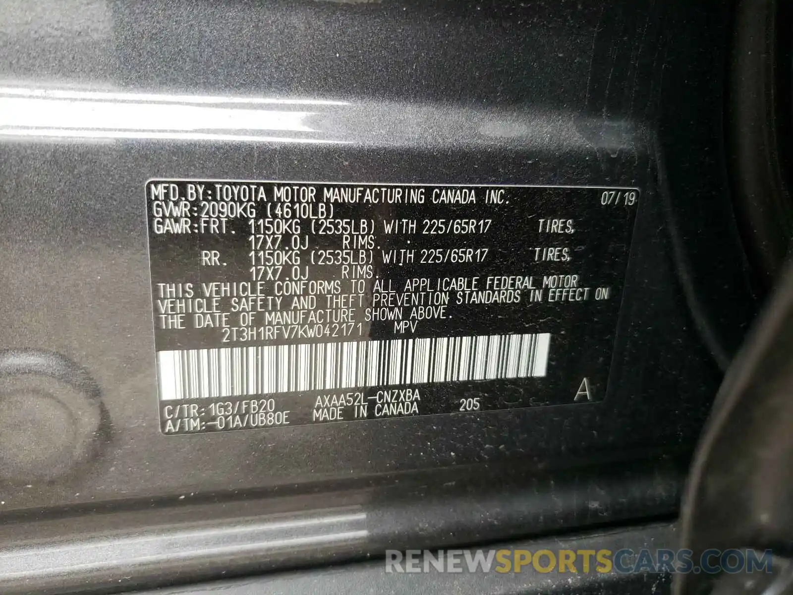 10 Фотография поврежденного автомобиля 2T3H1RFV7KW042171 TOYOTA RAV4 2019