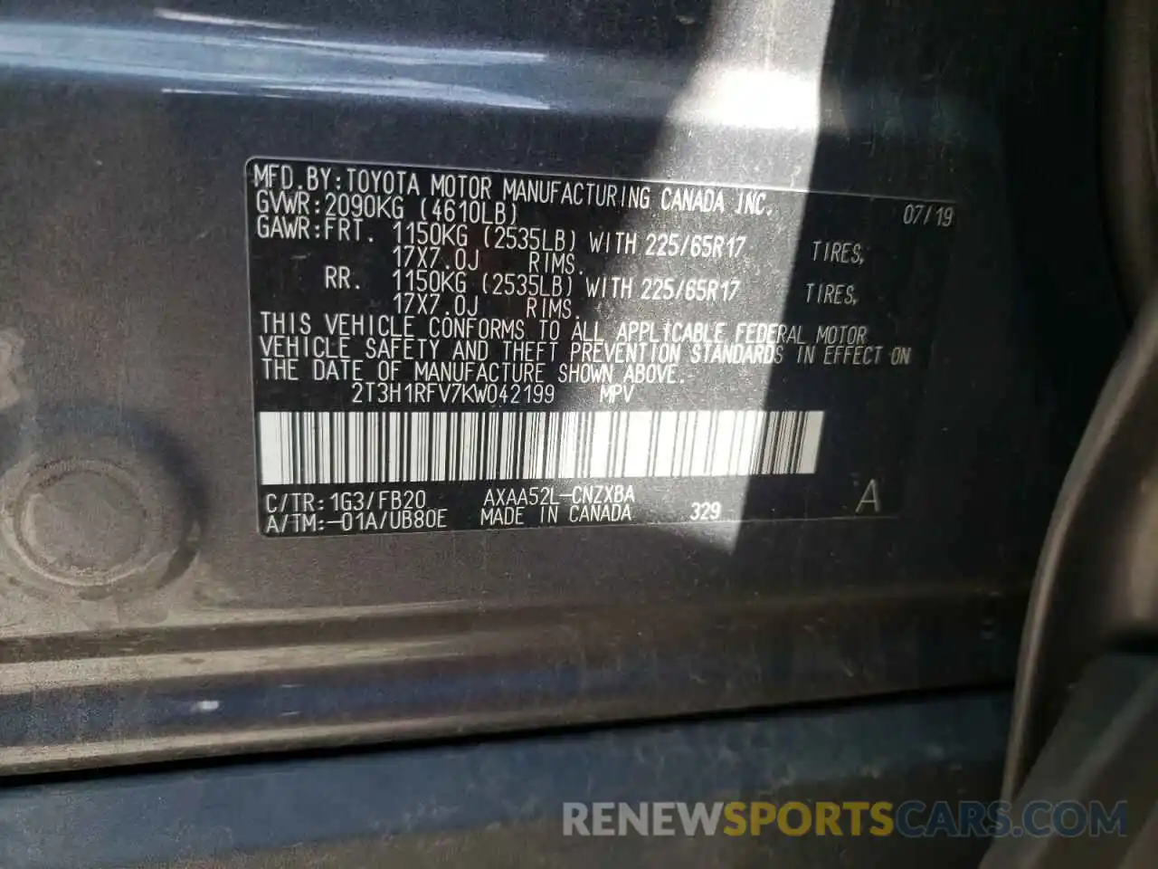 10 Photograph of a damaged car 2T3H1RFV7KW042199 TOYOTA RAV4 2019