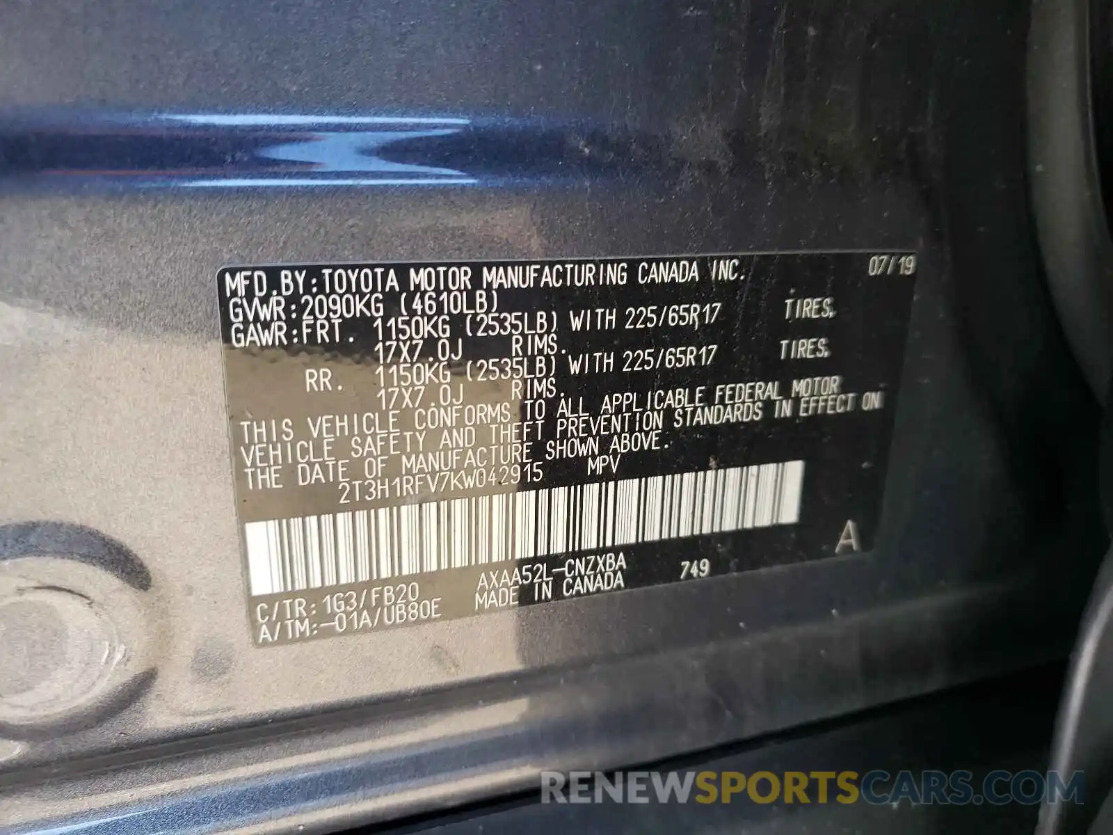 10 Photograph of a damaged car 2T3H1RFV7KW042915 TOYOTA RAV4 2019