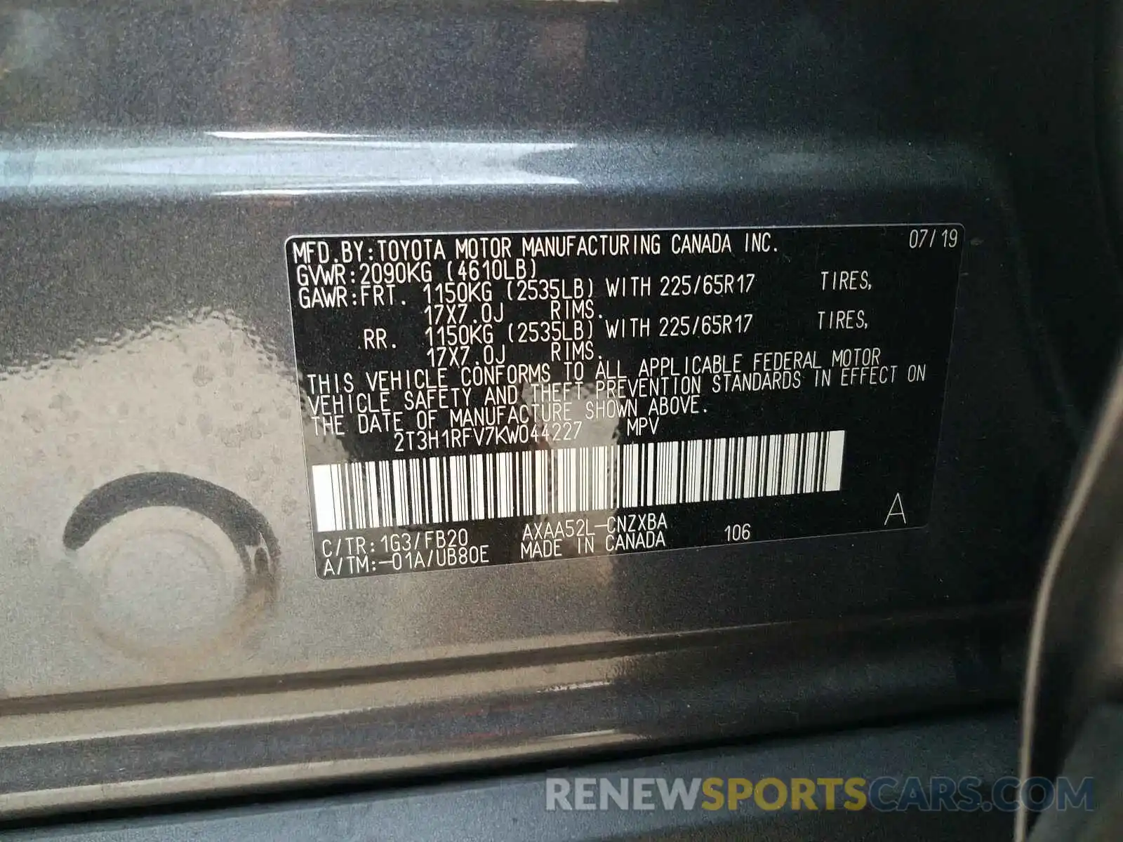 10 Photograph of a damaged car 2T3H1RFV7KW044227 TOYOTA RAV4 2019