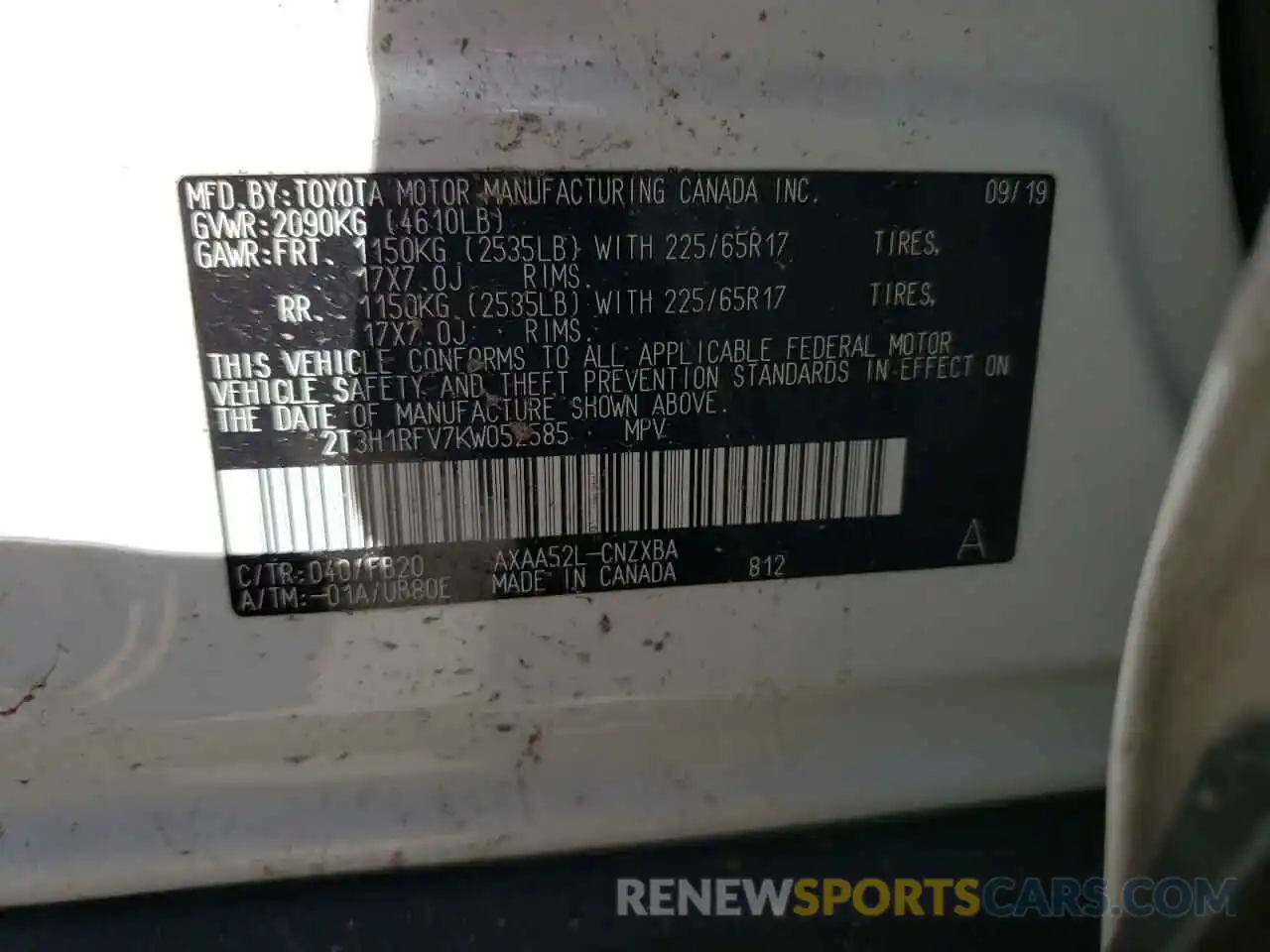 10 Photograph of a damaged car 2T3H1RFV7KW052585 TOYOTA RAV4 2019