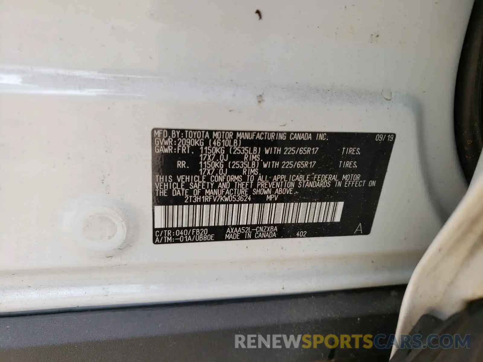 10 Photograph of a damaged car 2T3H1RFV7KW053624 TOYOTA RAV4 2019