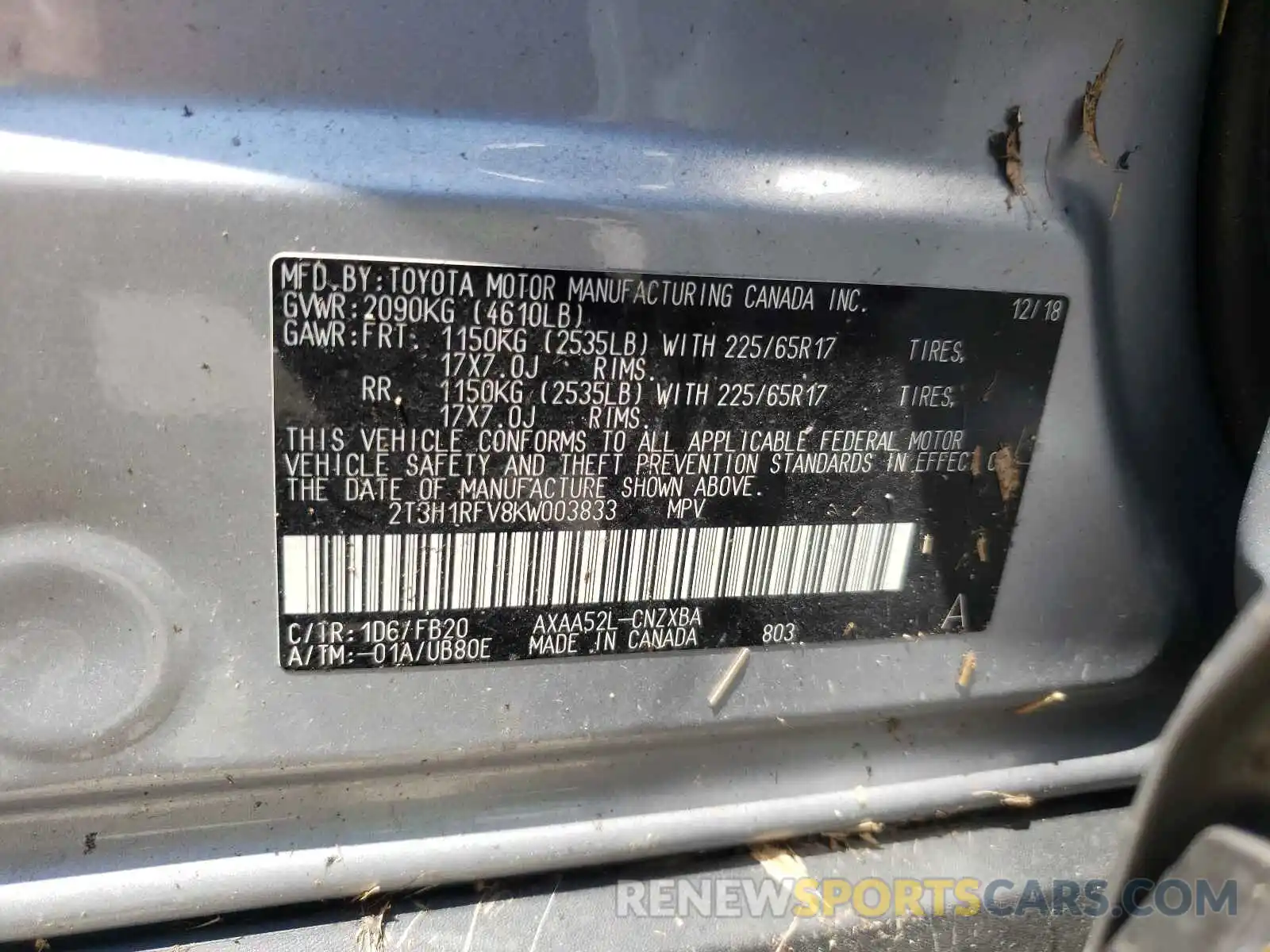 10 Photograph of a damaged car 2T3H1RFV8KW003833 TOYOTA RAV4 2019