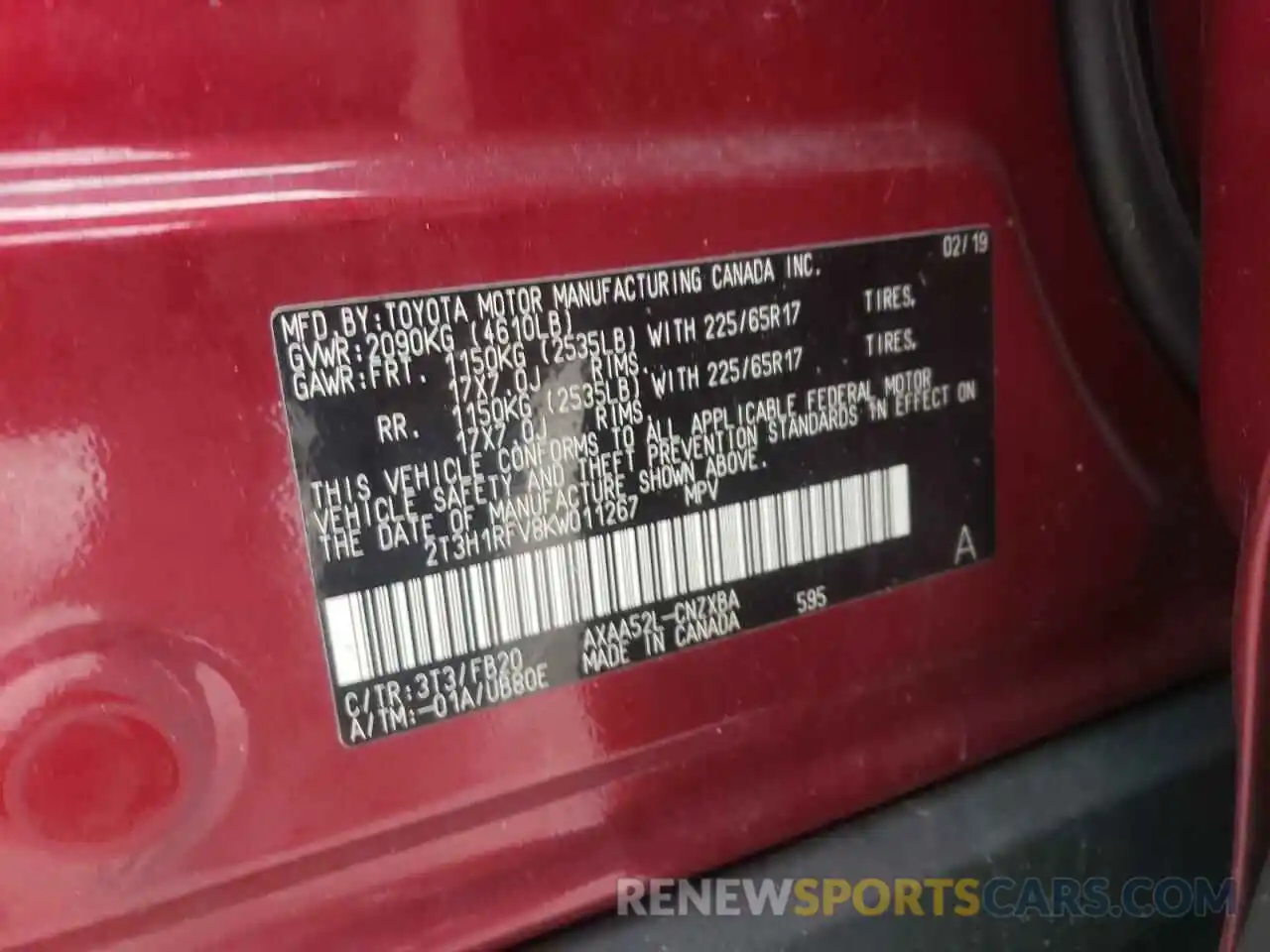 10 Photograph of a damaged car 2T3H1RFV8KW011267 TOYOTA RAV4 2019