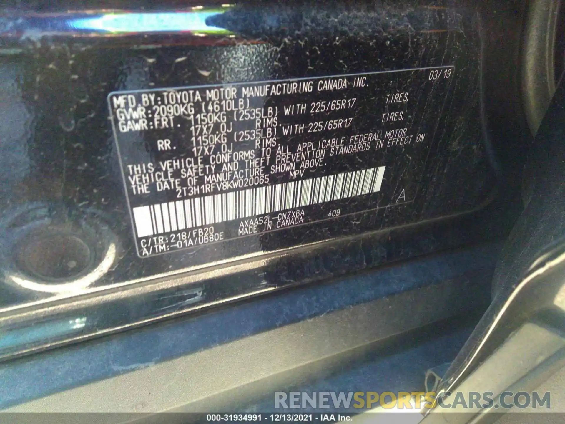 8 Photograph of a damaged car 2T3H1RFV8KW020065 TOYOTA RAV4 2019