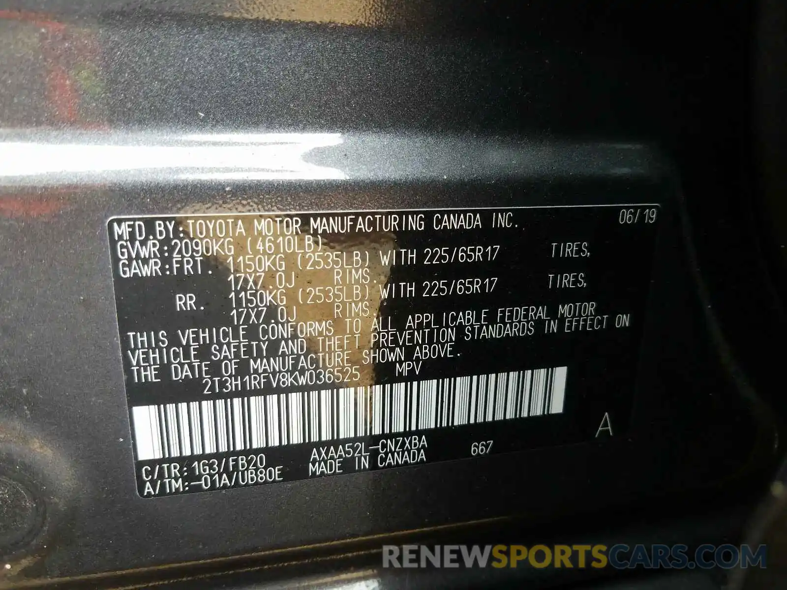 10 Фотография поврежденного автомобиля 2T3H1RFV8KW036525 TOYOTA RAV4 2019