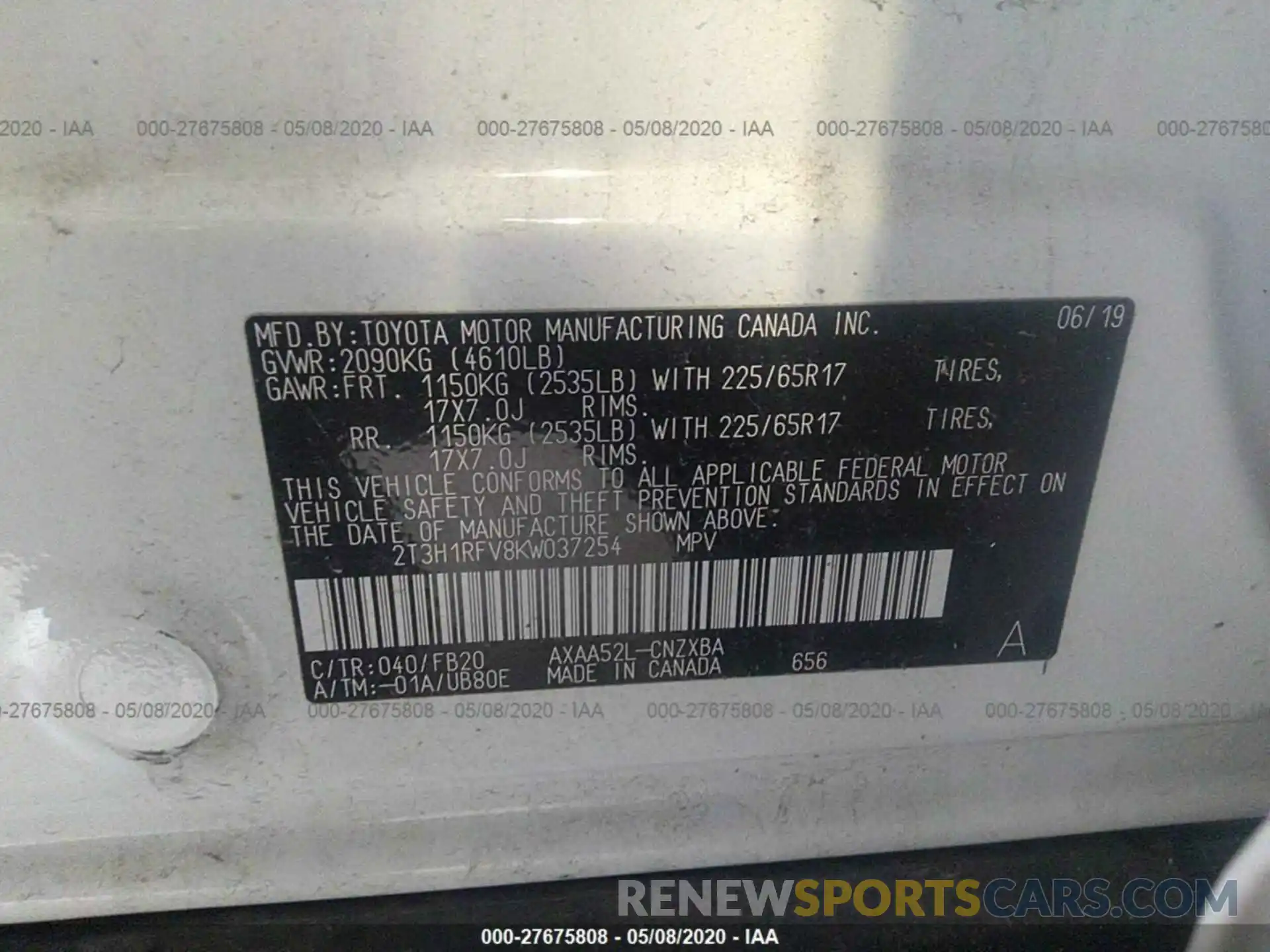 9 Фотография поврежденного автомобиля 2T3H1RFV8KW037254 TOYOTA RAV4 2019