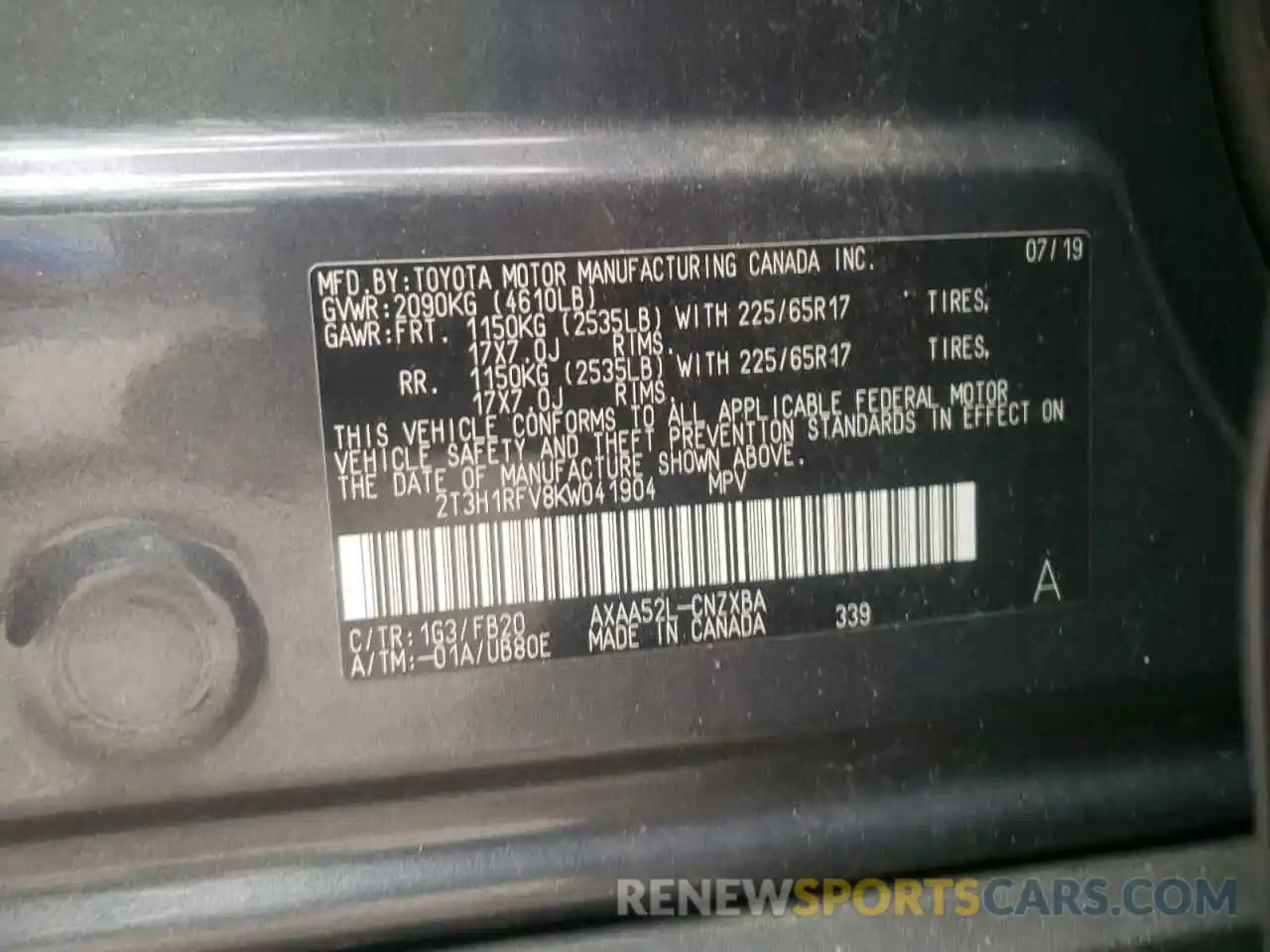 10 Photograph of a damaged car 2T3H1RFV8KW041904 TOYOTA RAV4 2019