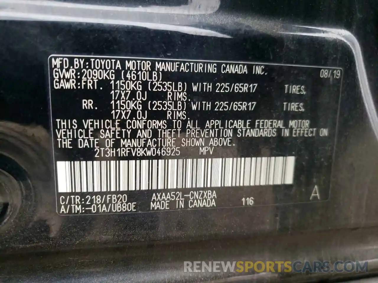 10 Photograph of a damaged car 2T3H1RFV8KW046925 TOYOTA RAV4 2019