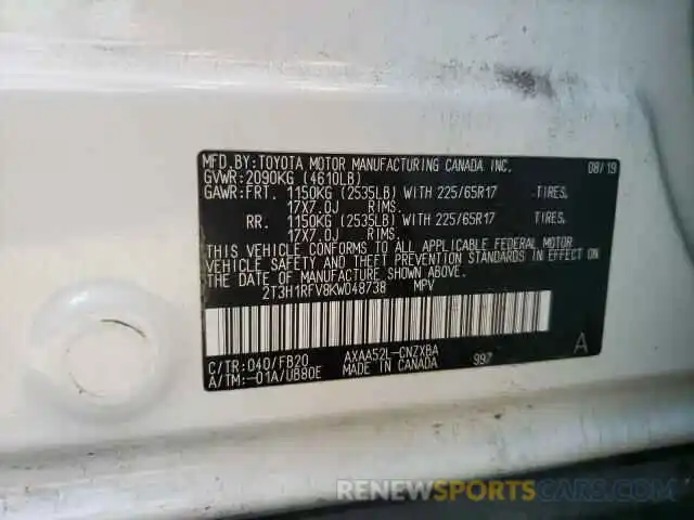 10 Photograph of a damaged car 2T3H1RFV8KW048738 TOYOTA RAV4 2019